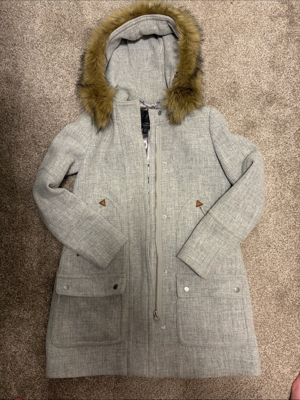 J. Crew Light Gray Hooded Wool Coat with Removal Faux-Fur Trim
